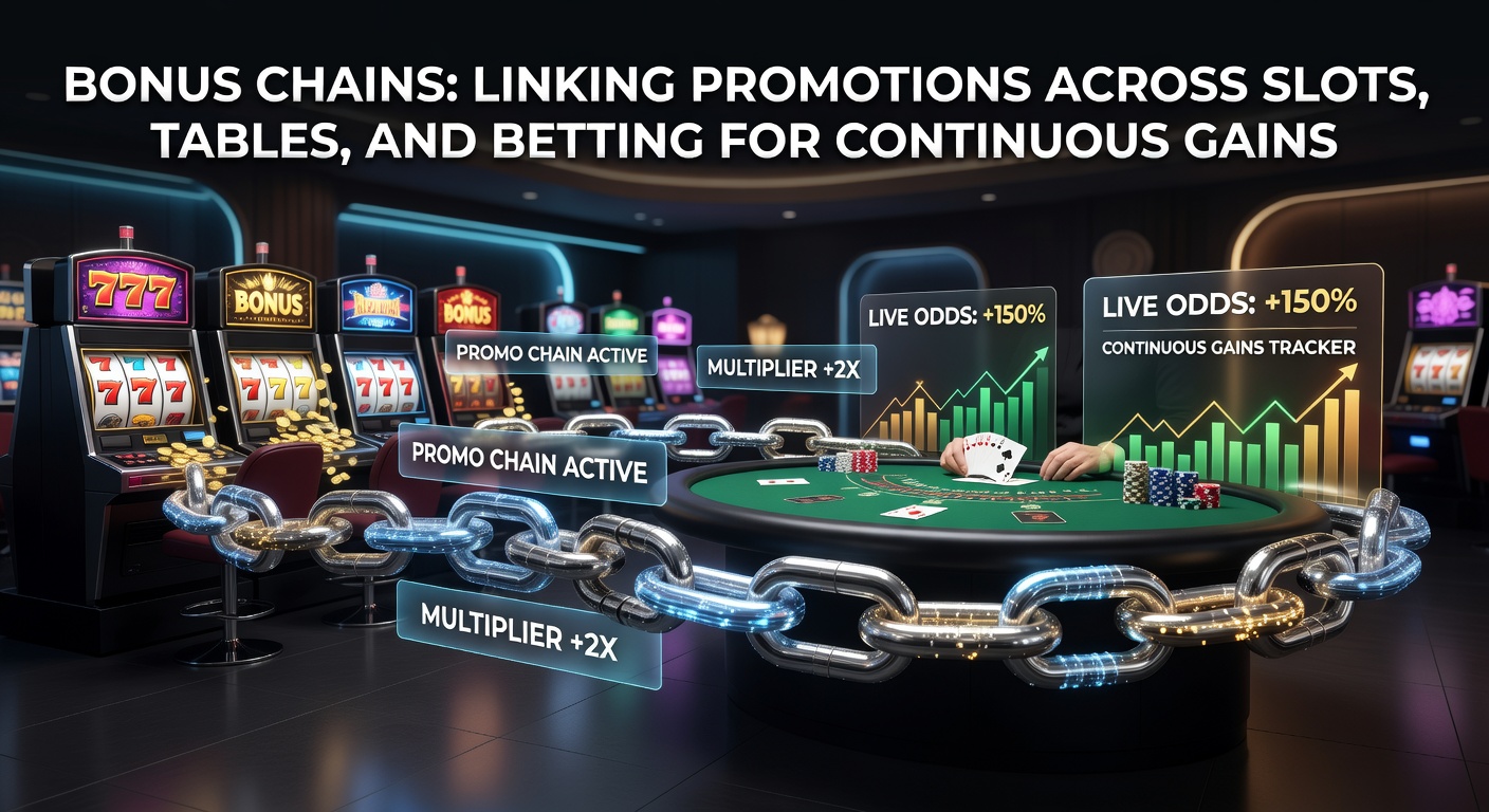 Grafik einer Kette aus Bonus-Symbolen, die Slots, Roulette-Tische und Wett-Screens verbindet, symbolisiert nahtlose Promotions.