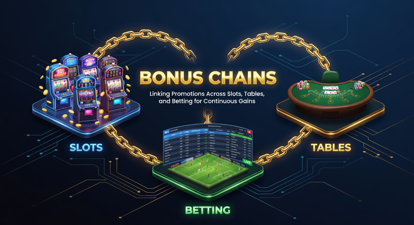 Screenshot einer Casino-App mit Bonus-Ketten-Übersicht, zeigt Fortschritt von Slots zu Wetten und Tischen in einer grafischen Kette.