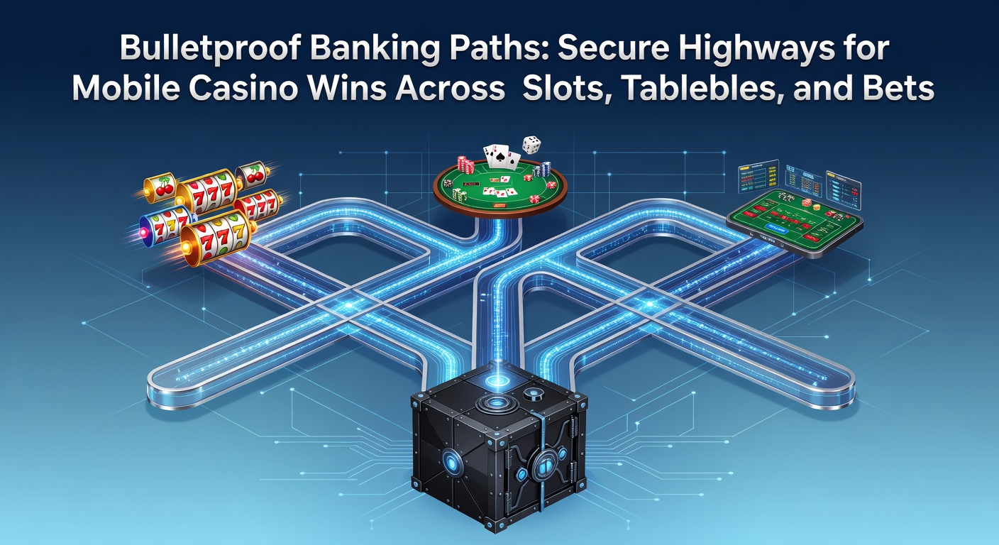 Grafik mit verschlüsselten Zahlungsströmen, die Slots, Blackjack-Tische und Sportwetten verbinden, inklusive Schloss-Icons für Sicherheit