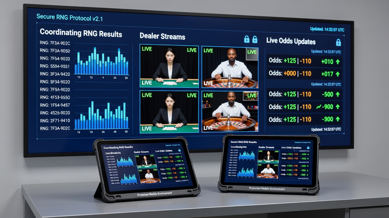 Darstellung der Synchronisation von RNG-Ergebnissen mit Live-Dealer-Streams und mobilen Quotenaktualisierungen in verschlüsselten Umgebungen
