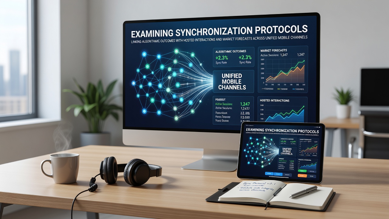 Technische Darstellung von Synchronisationsprotokollen in mobilen Plattformen mit Datenströmen zwischen Algorithmen, Live-Systemen und Marktprognosen