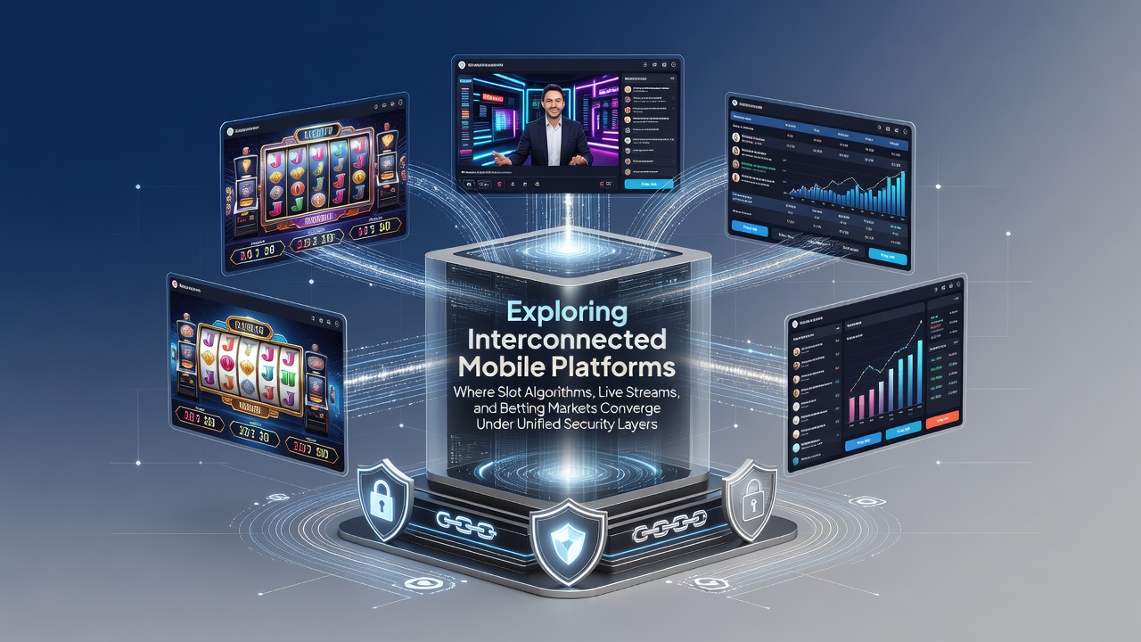 Darstellung vernetzter mobiler Casino-Plattformen mit Slot-Algorithmen, Live-Streams und Wettmärkten unter Sicherheitslayern