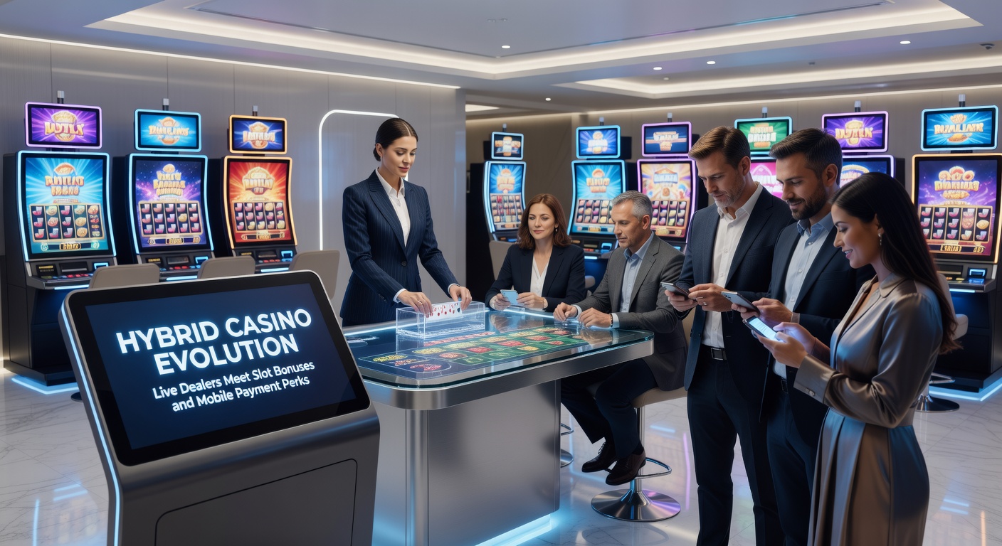 Ein dynamisches Hybrid-Casino-Setup mit Live-Dealer am Tisch und Slot-Maschinen im Hintergrund, die mobile Zahlungsoptionen einblenden