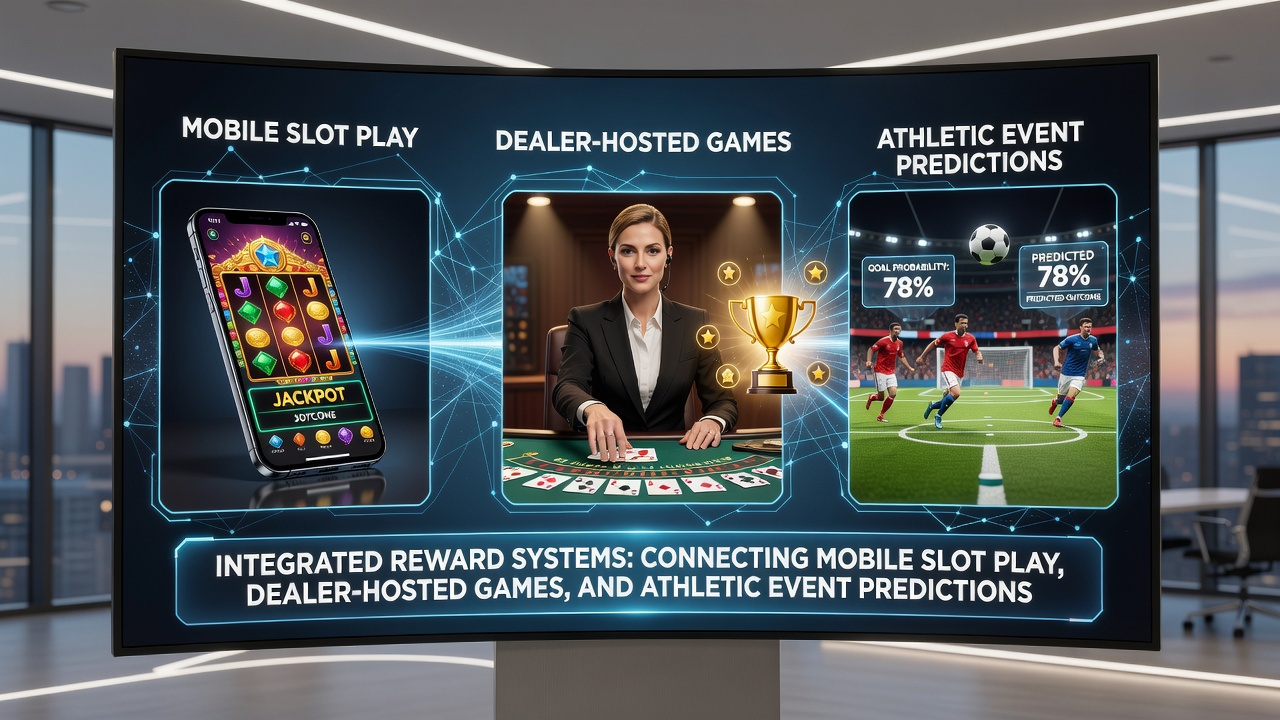 Mobile Ansicht einer Plattform mit verknüpften Belohnungen für Slots, Live-Dealer und Sportvorhersagen