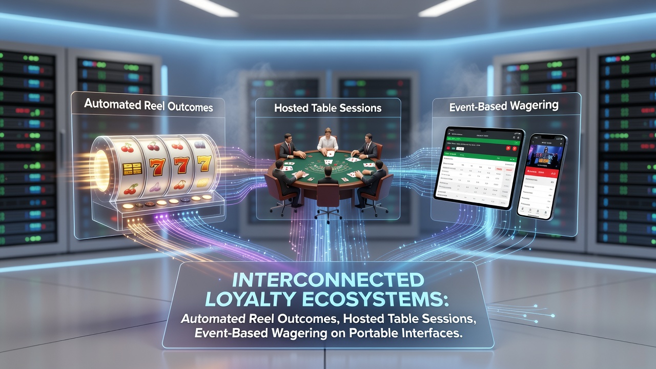 Vernetztes Loyalitätssystem in mobilen Casino-Apps zeigt Verbindungen zwischen Slots, Live-Tischen und Sportwetten