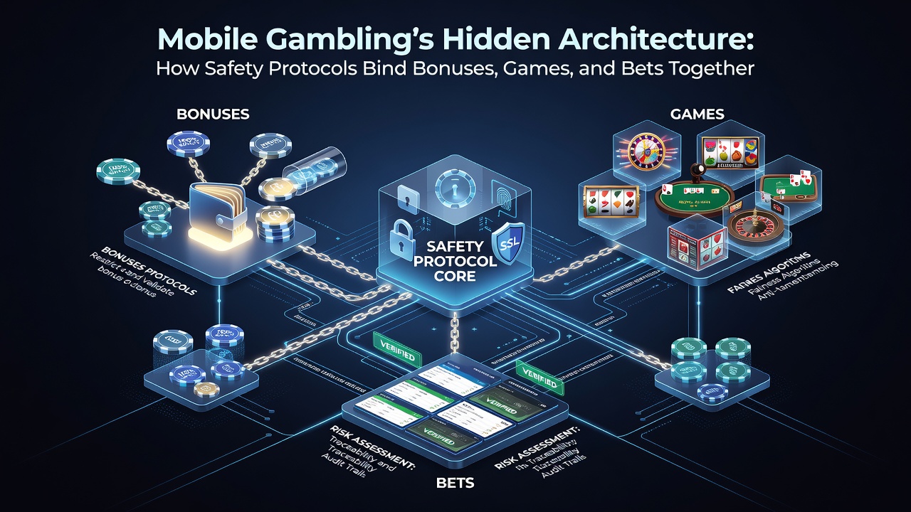 Illustration der Sicherheitsprotokolle, die Boni, mobile Spiele und Sportwetten in einer einheitlichen Architektur verbinden