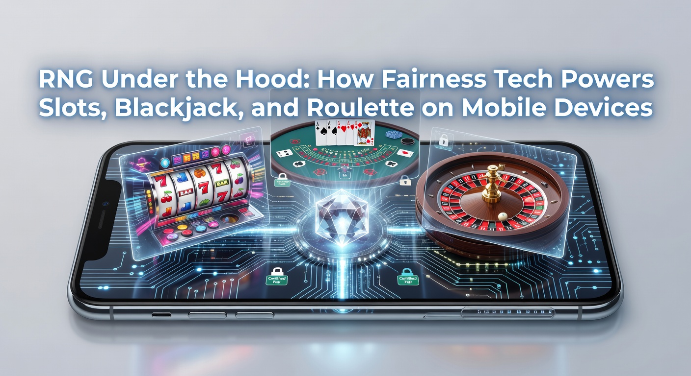 Illustration eines Random Number Generators, der Zufallszahlen für Casino-Spiele erzeugt, mit Symbolen für Slots, Karten und Roulette-Rad
