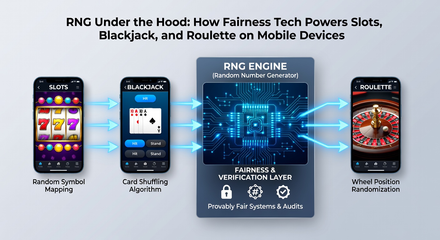Detaillierte Darstellung von RNG in Aktion bei Blackjack-Karten und Roulette-Rad auf einem Smartphone-Bildschirm