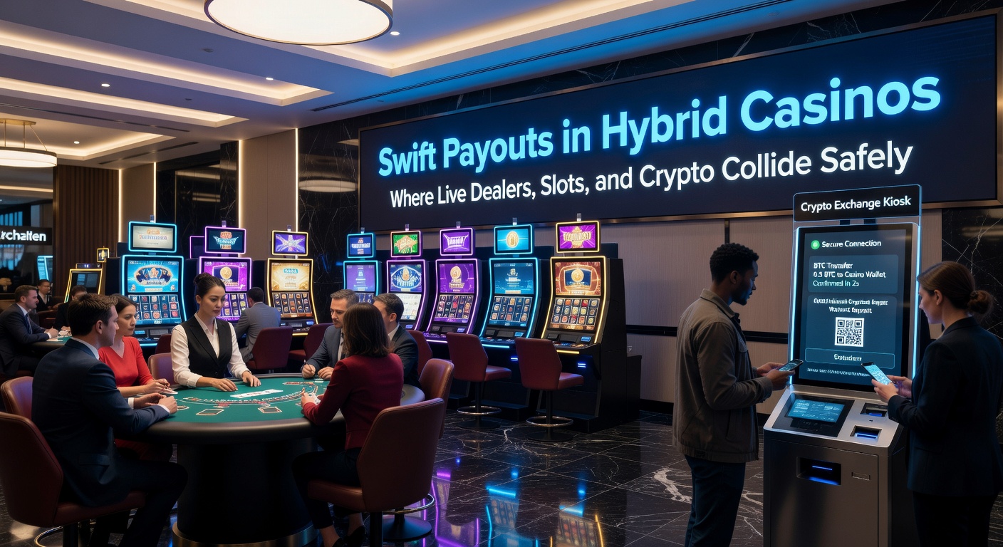 Dynamische Darstellung eines Hybrid-Casinos mit Live-Dealer-Tischen, Slot-Maschinen und Krypto-Transaktionen auf einem Bildschirm