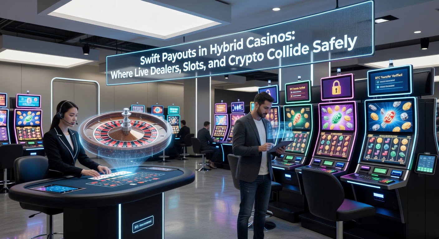 Nahaufnahme einer Krypto-Transaktion in einem Hybrid-Casino, mit Blockchain-Symbolen, Slot-Symbolen und einem Live-Dealer im Hintergrund